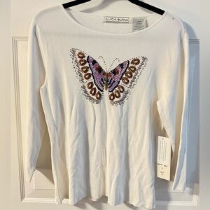 Y2K Lucia Burns Sequin Butterfly Embellished Knit Beaded Fitted Top Large NWT